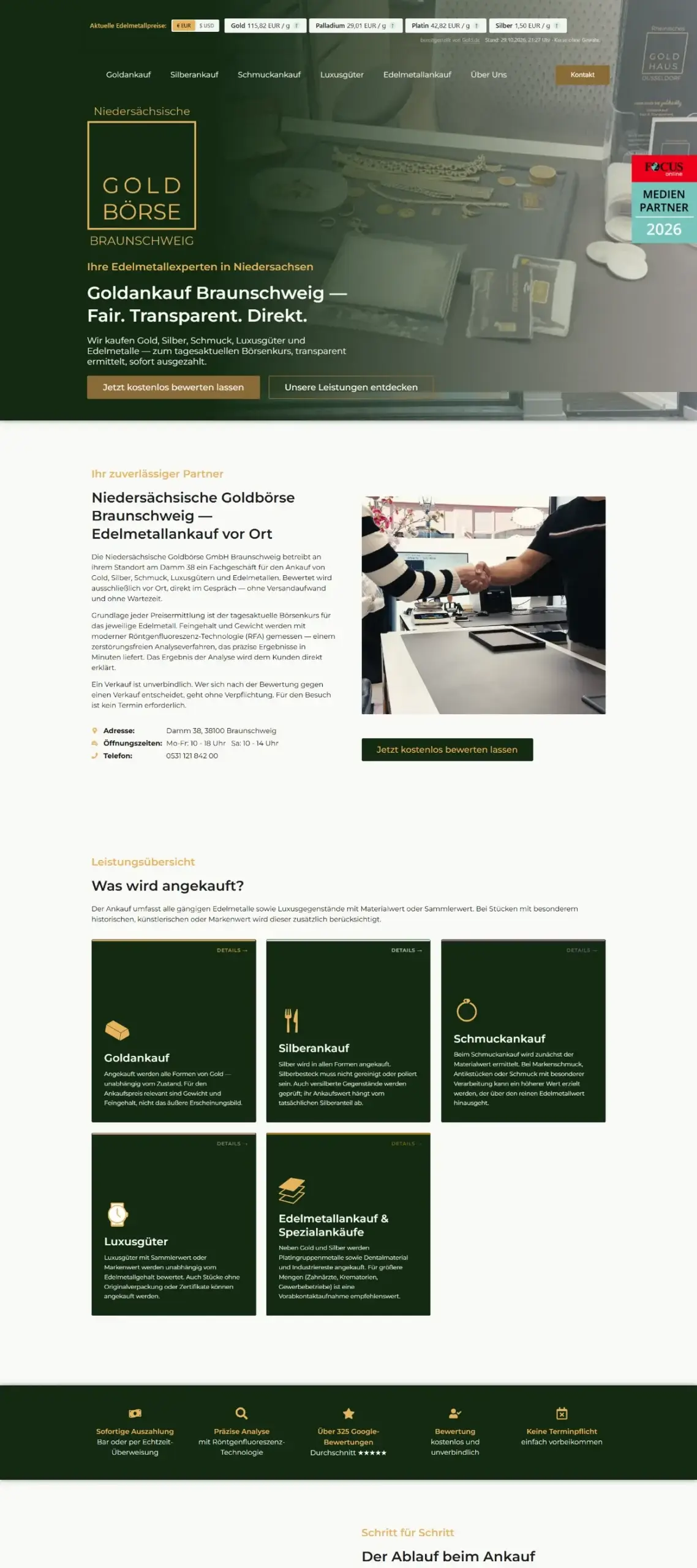Webdesign Referenzen: Website Niedersächsische Goldbörse Braunschweig – Desktop-Ansicht