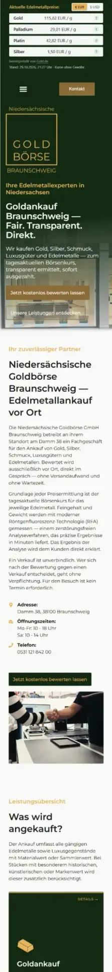Webdesign Referenzen: Website Niedersächsische Goldbörse Braunschweig – mobile Ansicht