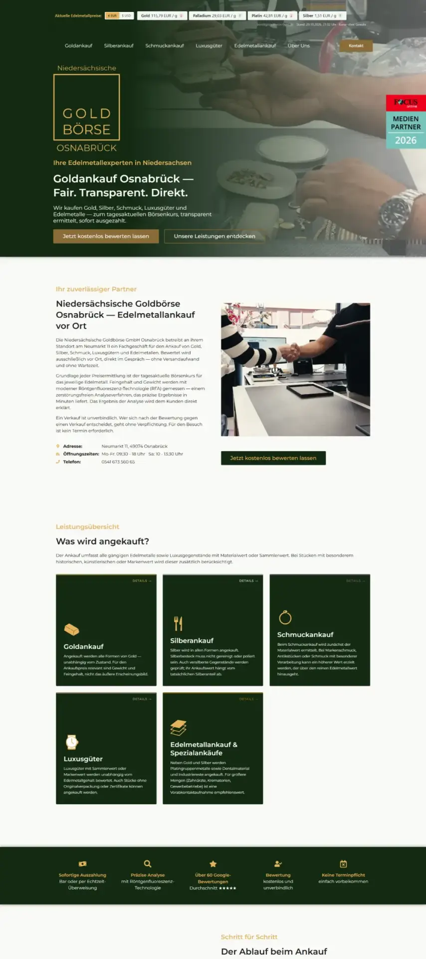 Webdesign Referenzen: Website Niedersächsische Goldbörse Osnabrück – Desktop-Ansicht