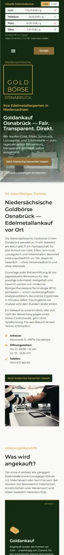 Webdesign Referenzen: Website Niedersächsische Goldbörse Osnabrück – mobile Ansicht