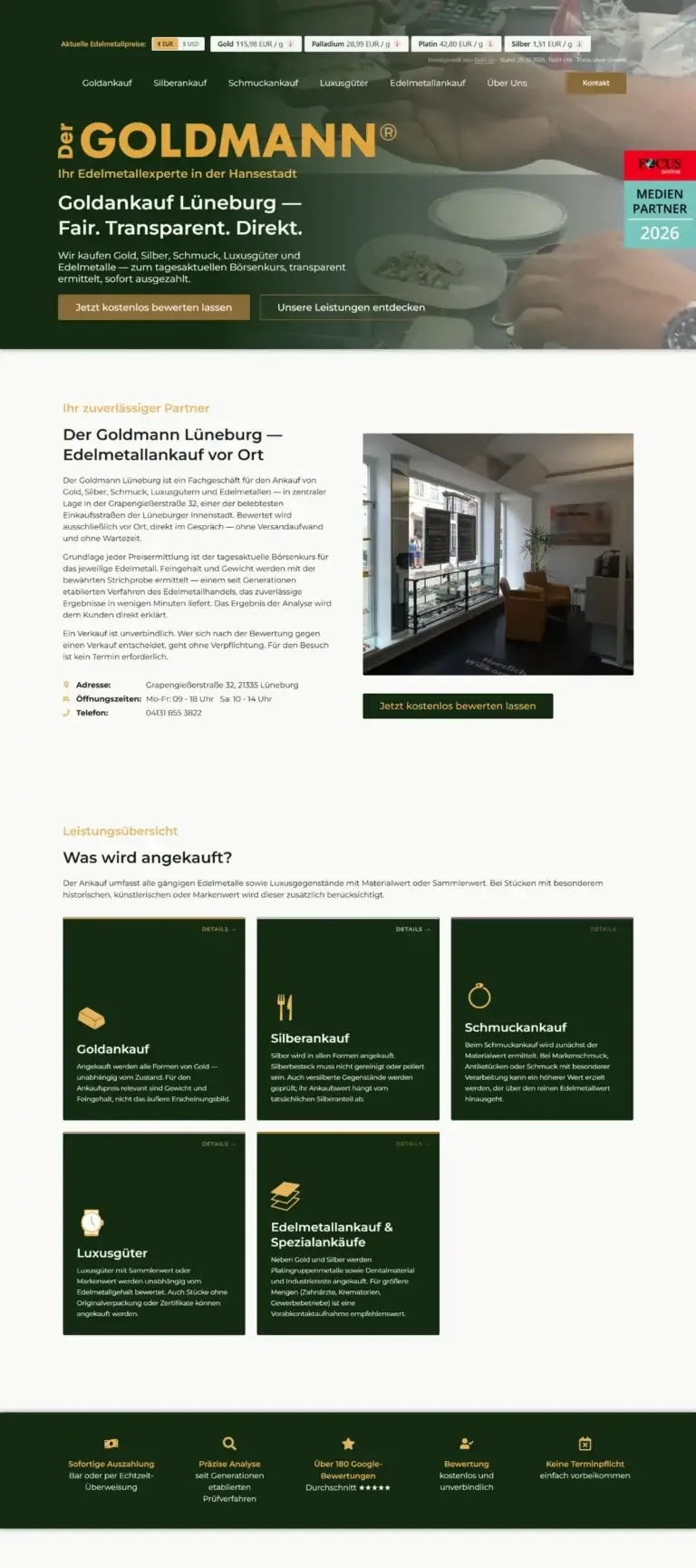 Website Der Goldmann Lüneburg – Desktop-Ansicht