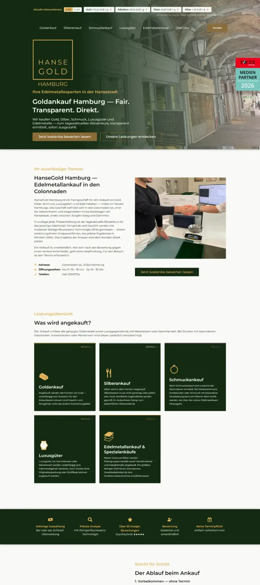 Webdesign Referenzen: Website HanseGold Hamburg – Desktop-Ansicht