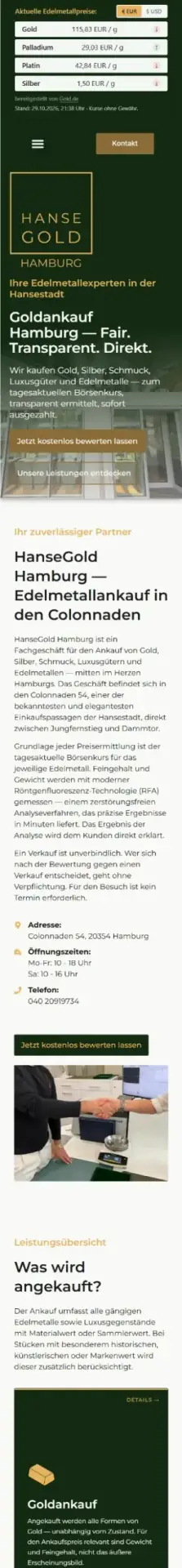 Webdesign Referenzen: Website HanseGold Hamburg – mobile Ansicht