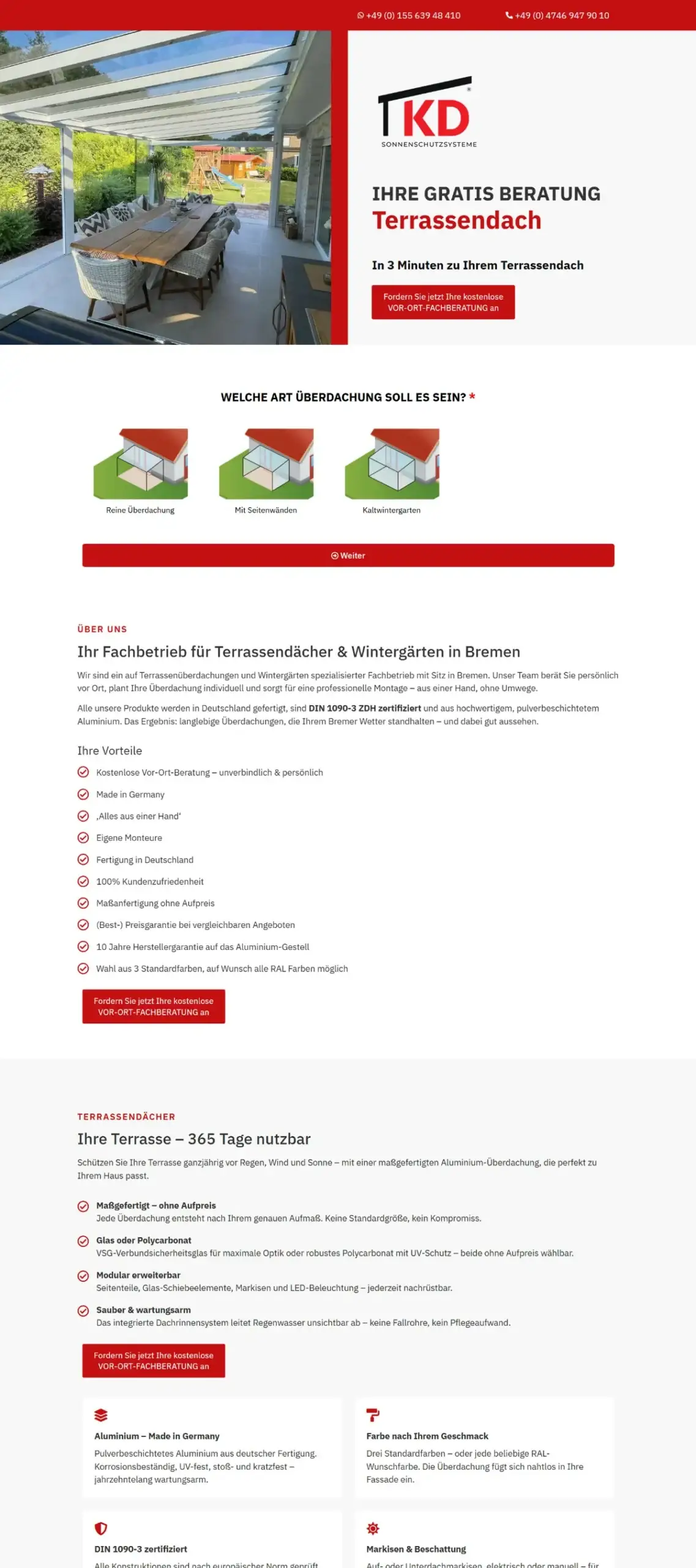 Webdesign Referenzen: Website KD Überdachungen Bremen – Desktop-Ansicht