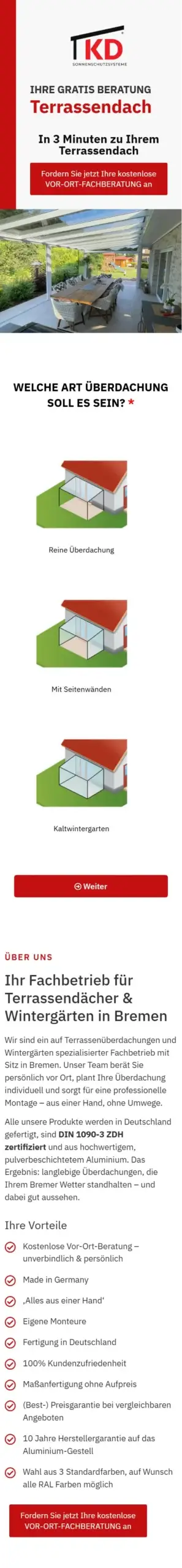 Webdesign Referenzen: Website KD Überdachungen Bremen – mobile Ansicht