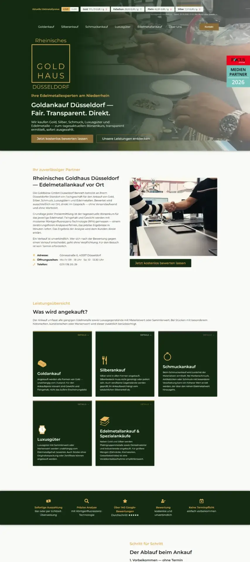 Webdesign Referenzen: Website Rheinisches Goldhaus Düsseldorf – Desktop-Ansicht