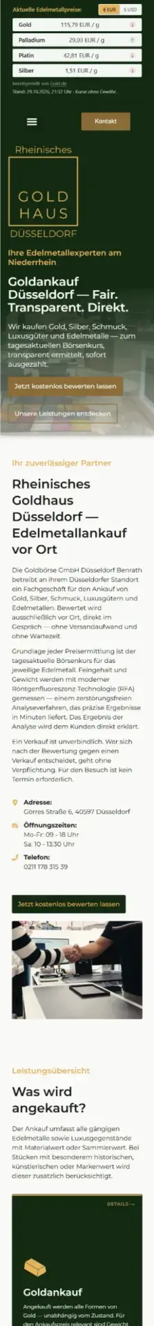 Webdesign Referenzen: Website Rheinisches Goldhaus Düsseldorf – mobile Ansicht