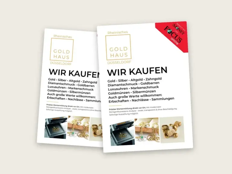 Webdesign Düsseldorf: Kundenstopper „Wir kaufen“ für Rheinisches Goldhaus Düsseldorf